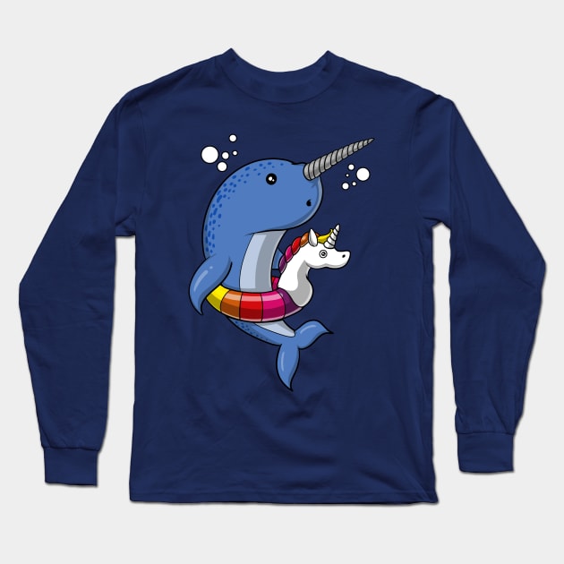 Narwhal Fish Riding Unicorn Float Long Sleeve T-Shirt by underheaven